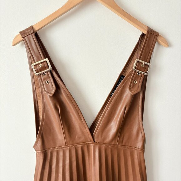 Zara Accordion Pleated Faux Leather Mini Dress Brown Size XS Blogger Fav - Picture 6 of 8